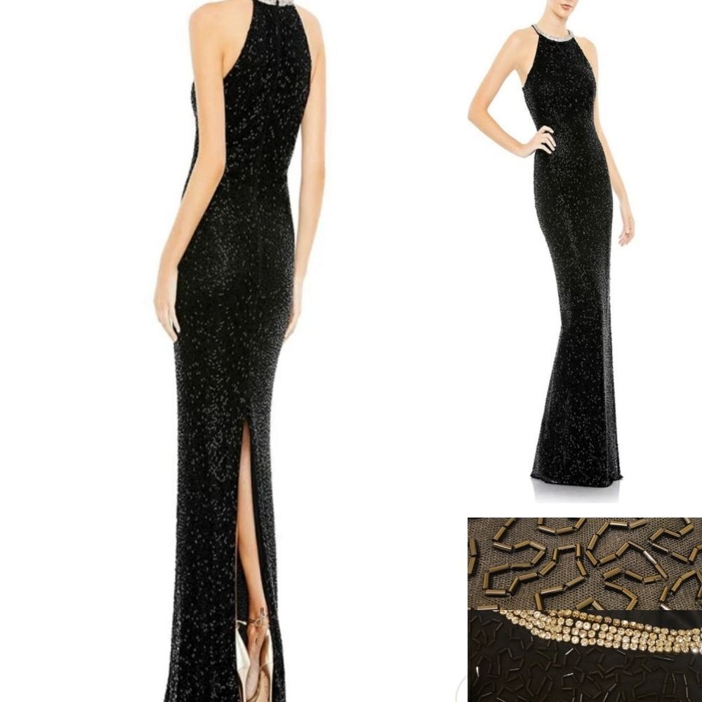 $598 Mac Duggal 14 Black Silver High Neck Beaded Evening Gown Nwt